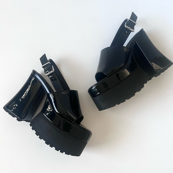 Dolls Kill Current Mood Black Patent Platform Sandals Heels Size 6 - Picture 13 of 14